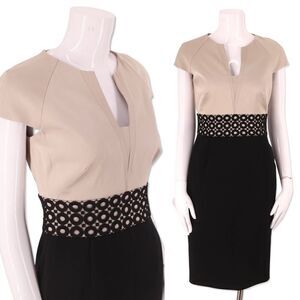 Hobbs London beige black lace trim cocktail dress sheath sz 4